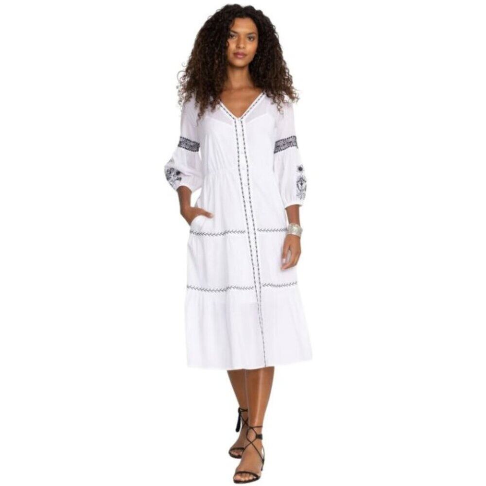 New Johnny Was Jade Irenie Cam Tiered Midi Embroidered Dress White Sz XL